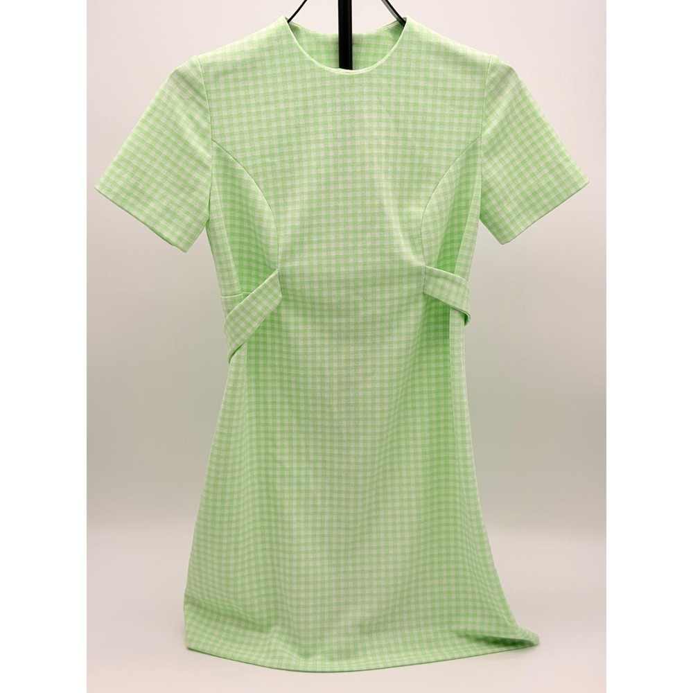 Vintage 60s Green Gingham Checkered Mod Shift Dress Short Sleeve Mini Tie Waist